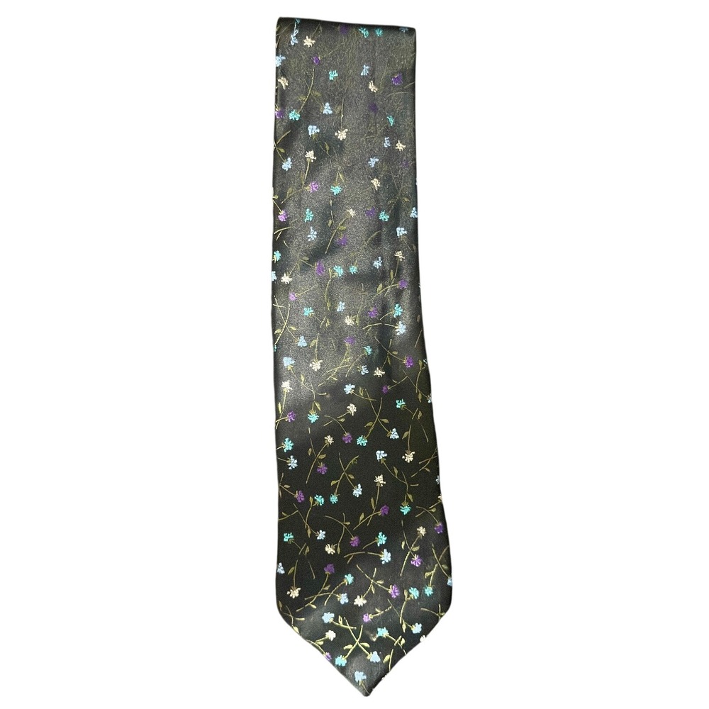 Neiman Marcus Mens Silk Necktie Floral Pattern Dark Green Blue Purple Formal Tie